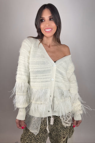 Feather Trim Wool Blend Cardigan - Born To Glam