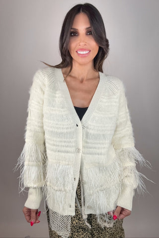 Feather Trim Wool Blend Cardigan - Born To Glam