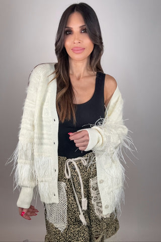 Feather Trim Wool Blend Cardigan - Born To Glam