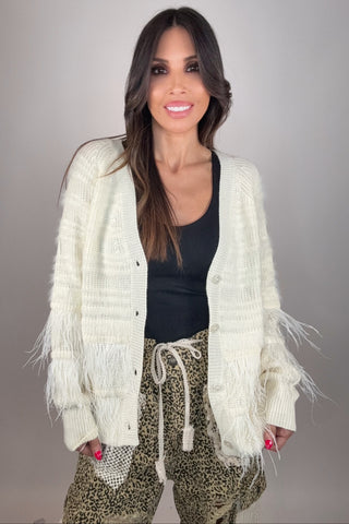 Feather Trim Wool Blend Cardigan - Born To Glam