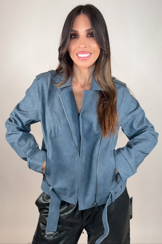 Denim Blue Faux Leather Moto Jacket - Born To Glam