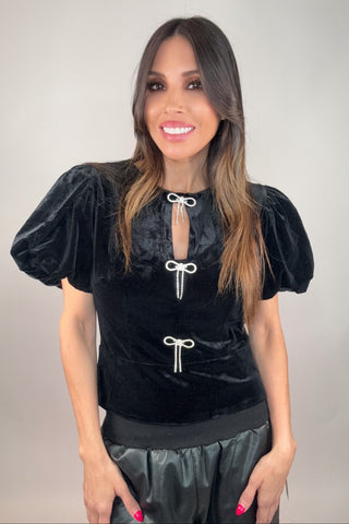 Rhinestone Bow Cutout Velvet Puff Sleeve Top - Born To Glam