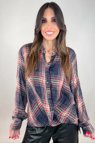 Navy Washed Plaid Surplice Blouse - Born To Glam