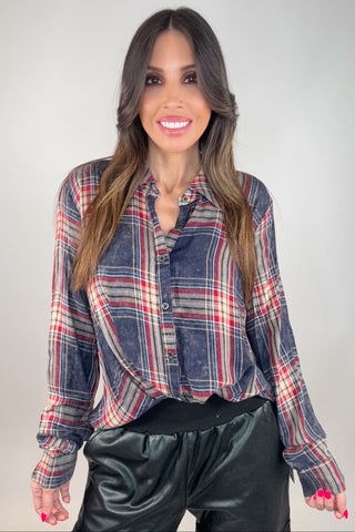 Navy Washed Plaid Surplice Blouse - Born To Glam