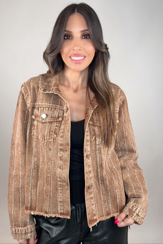 Chocolate Brown Crystal Stripe Denim Jacket - Born To Glam