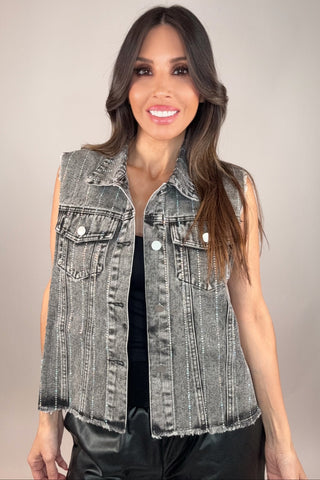 Grey Crystal Stripe Denim Vest - Born To Glam