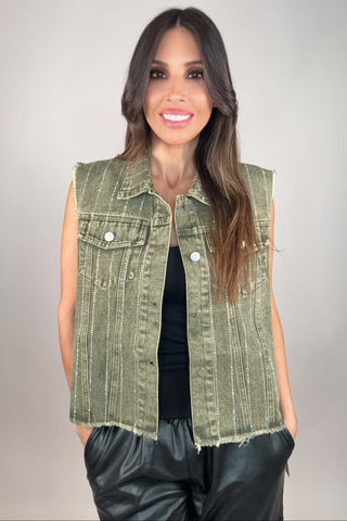 Olive Crystal Stripe Denim Vest - Born To Glam