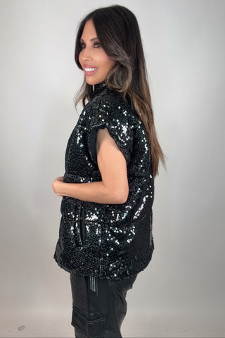 Black Sequin Puff Vest - Born To Glam
