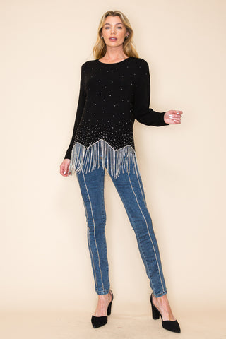 Black Rhinestone Knit Top with Fringe - detail