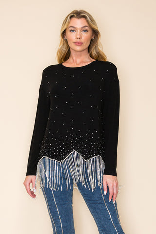 Black Rhinestone Knit Top with Fringe - front