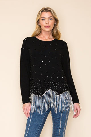 Black Rhinestone Knit Top with Fringe - detail