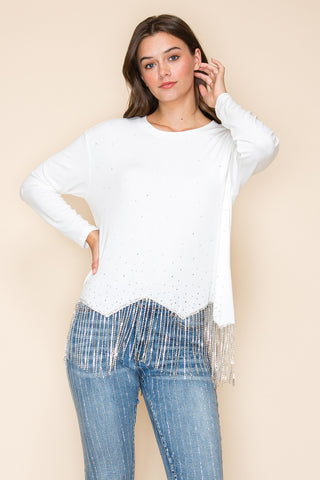 Off White Rhinestone Knit Top with Fringe - detail