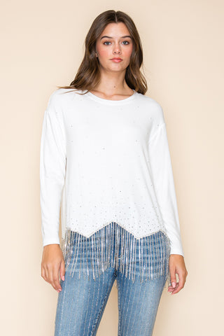 Off White Rhinestone Knit Top with Fringe - front