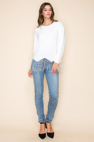 Off White Rhinestone Knit Top with Fringe - detail