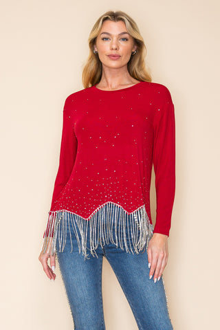 Wine Rhinestone Knit Top with Fringe - front