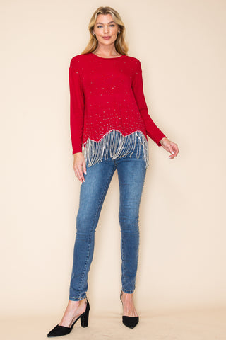 Wine Rhinestone Knit Top with Fringe - detail