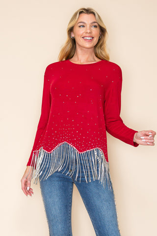 Wine Rhinestone Knit Top with Fringe - detail