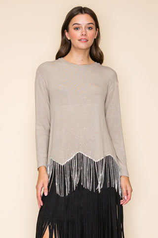 Taupe Rhinestone Knit Top with Fringe - front