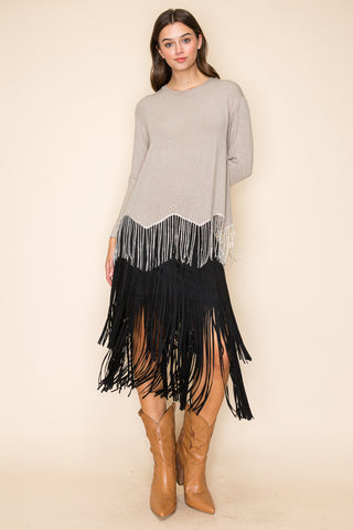 Taupe Rhinestone Knit Top with Fringe - detail