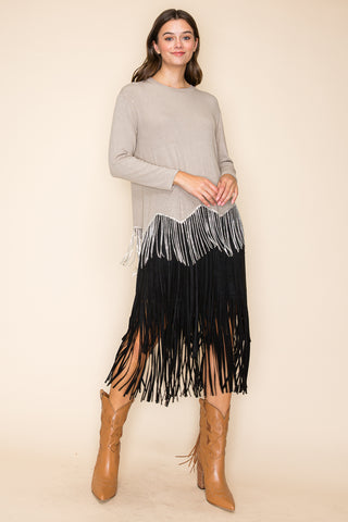 Taupe Rhinestone Knit Top with Fringe - detail