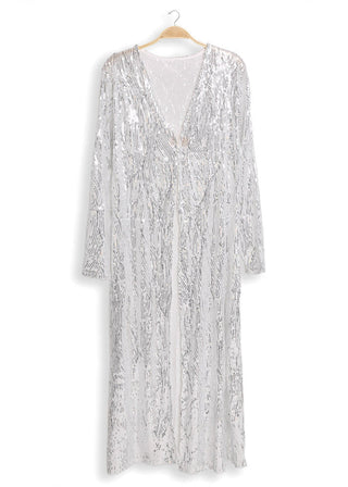 Silver Sequin One Sized Long Kimono Duster Cardigan
