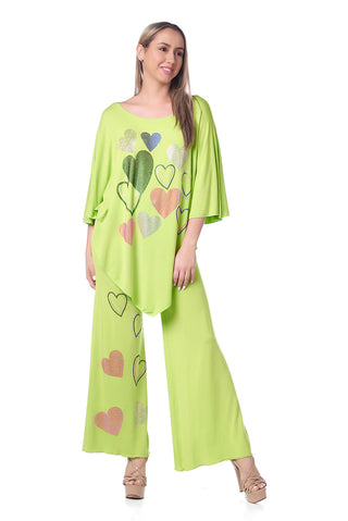 Style the Lime Rhinestone Heart Palazzo Pant exclusively at Born To Glam