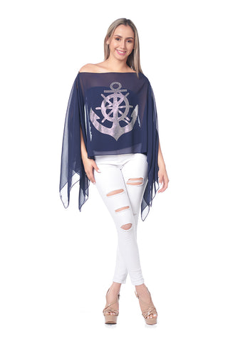Style the Navy Chiffon Rhinestone Anchor Scarf Top exclusively at Born To Glam