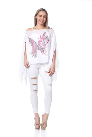 Style the White Chiffon Rhinestone Butteryfly Scarf Top exclusively at Born To Glam