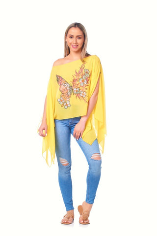 Style the Yellow Chiffon Rhinestone Butteryfly Scarf Top exclusively at Born To Glam