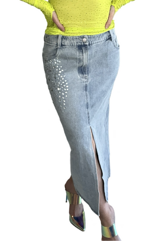 Rhinestone Denim Midi Skirt - Born To Glam