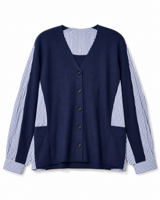 Navy Stripe Mixed Media Button Cardigan
