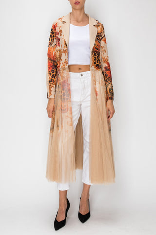 Fall Leopard Cardigan Blazer with Long Mesh Layer model front view