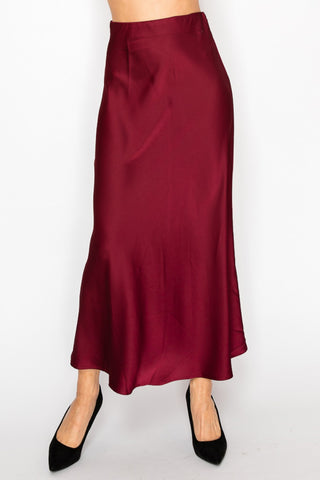 Wine Long Satin Skirt full-length view
