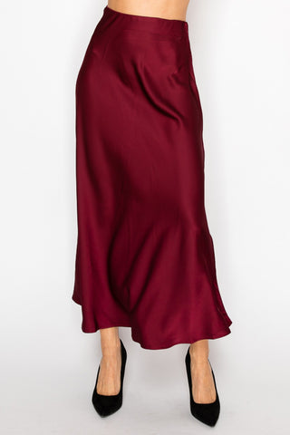 Wine Long Satin Skirt model front view