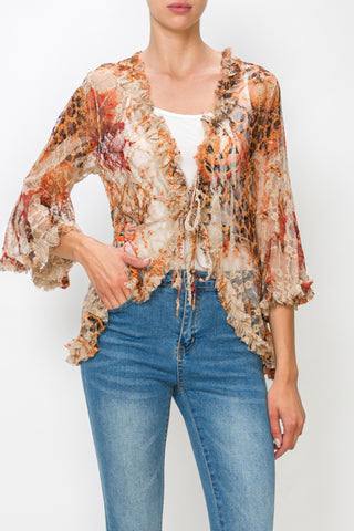 Fall Leopard Sparkly Lace Tie-Front Ruffle Cardigan model front view