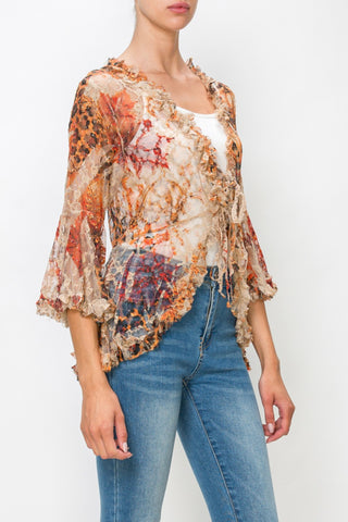 Fall Leopard Sparkly Lace Tie-Front Ruffle Cardigan alternate model view