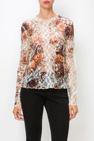 Hello Pumpkin All Lace Sparkly Long Sleeve Top model front view