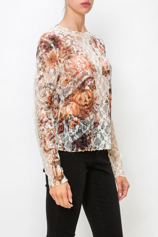 Hello Pumpkin All Lace Sparkly Long Sleeve Top model side view