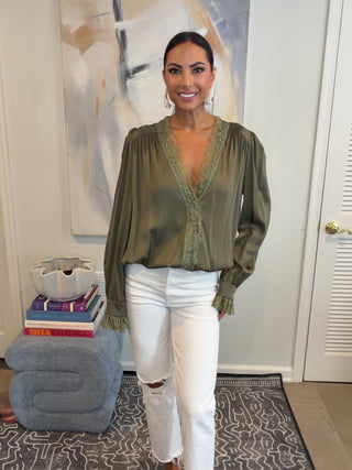 Olive Satin Ruffle Trim Top - Born To Glam