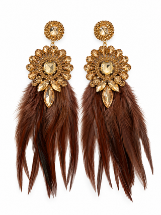 Brown Crystal Embellished Feather Statement Earrings