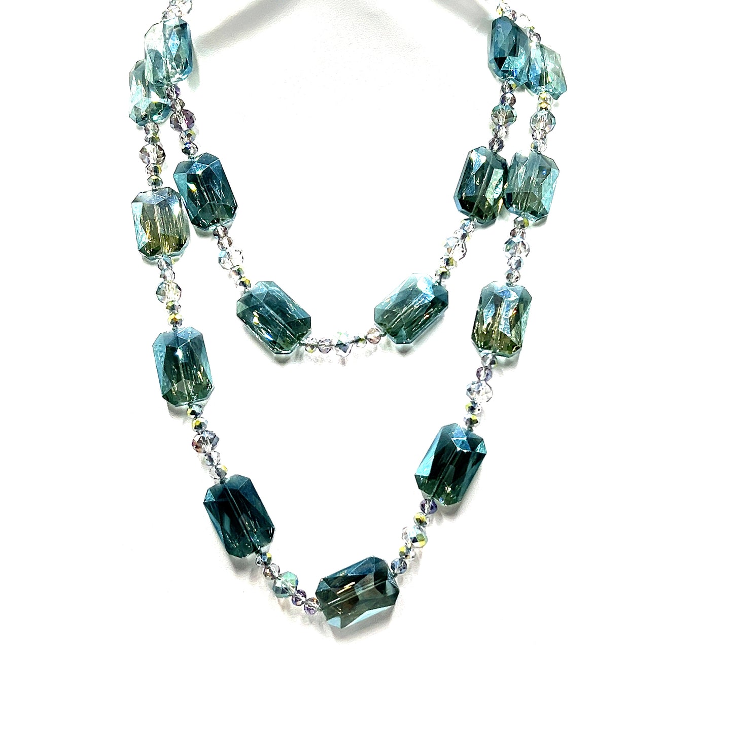 Metallic Green Colorized Rectangle Crystal Long Necklace