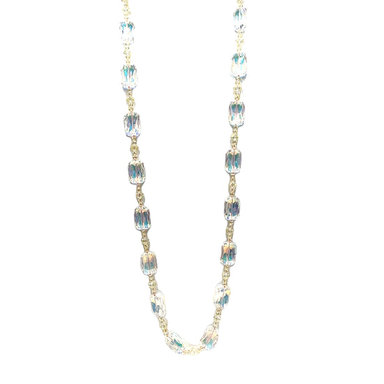 Yellow Pink Iridescent Rectangle Crystal Long Necklace