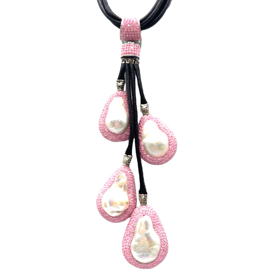 Pink Multi Pearl Sterling Silver Leather Necklace