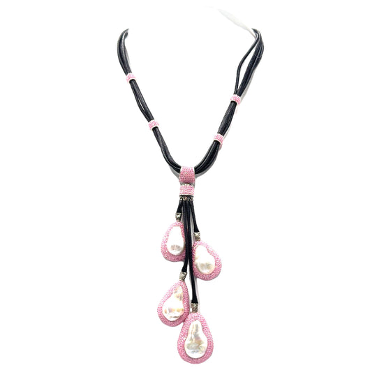 Pink Multi Pearl Sterling Silver Leather Necklace