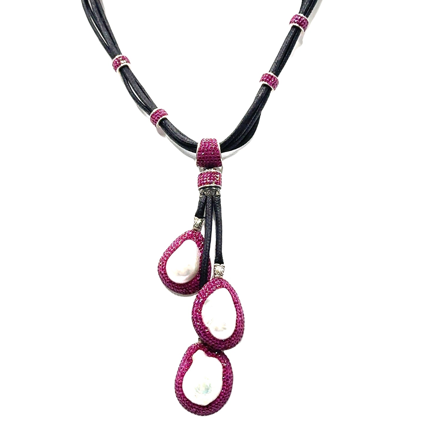 Fuchsia Multi Pearl Sterling Silver Leather Necklace