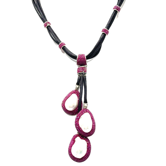 Fuchsia Multi Pearl Sterling Silver Leather Necklace