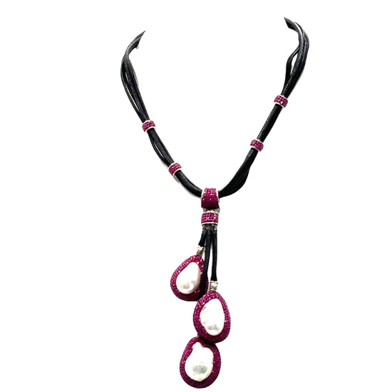 Fuchsia Multi Pearl Sterling Silver Leather Necklace