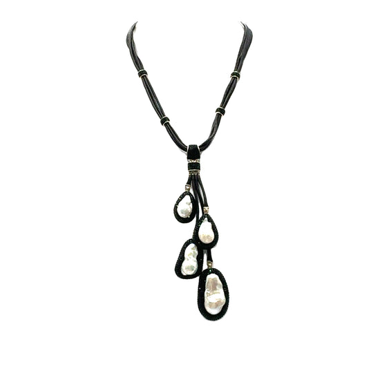 Black Multi Pearl Sterling Silver Leather Necklace