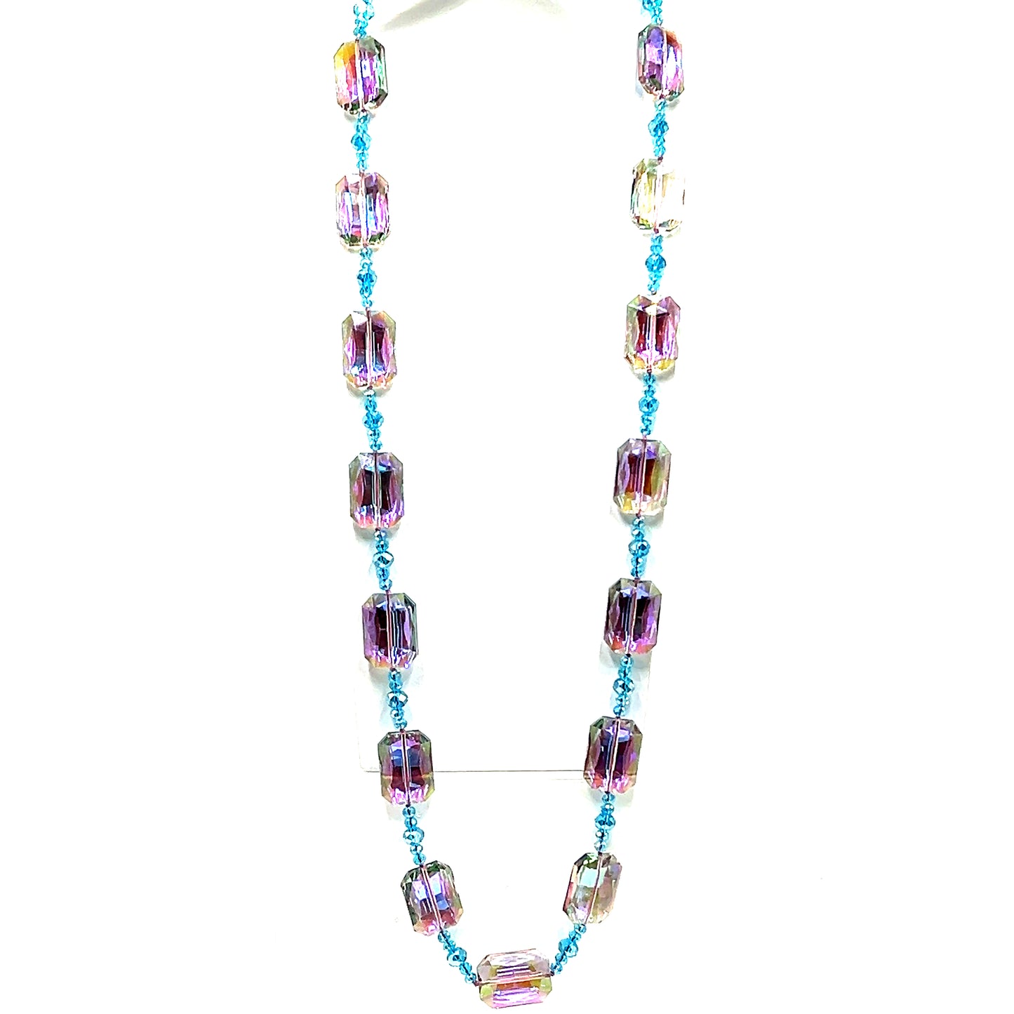 Purple Turquoise Colorized Antiqued Rectangle Crystal Long Necklace