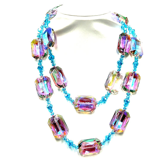 Purple Turquoise Colorized Antiqued Rectangle Crystal Long Necklace